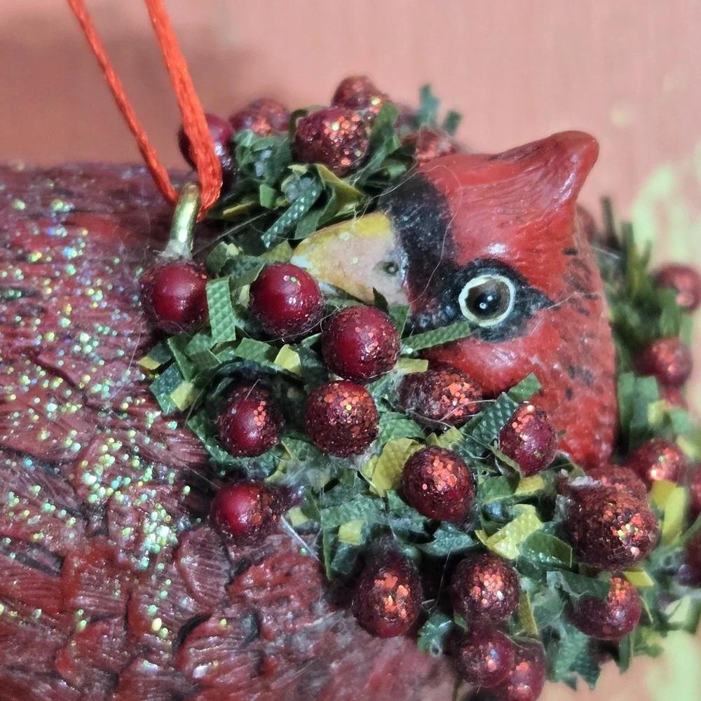 Christmas Cardinal Hanging Ornament ‎ Pinecone Wreath Ribbon Bird Holiday Decor